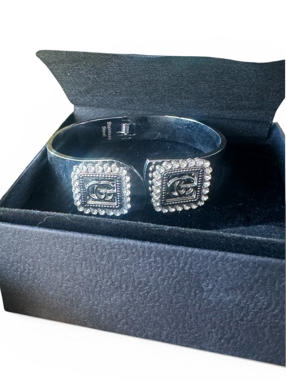 Stainless Steel Silver Cuff w/ Rhinestone GG’s on the ends